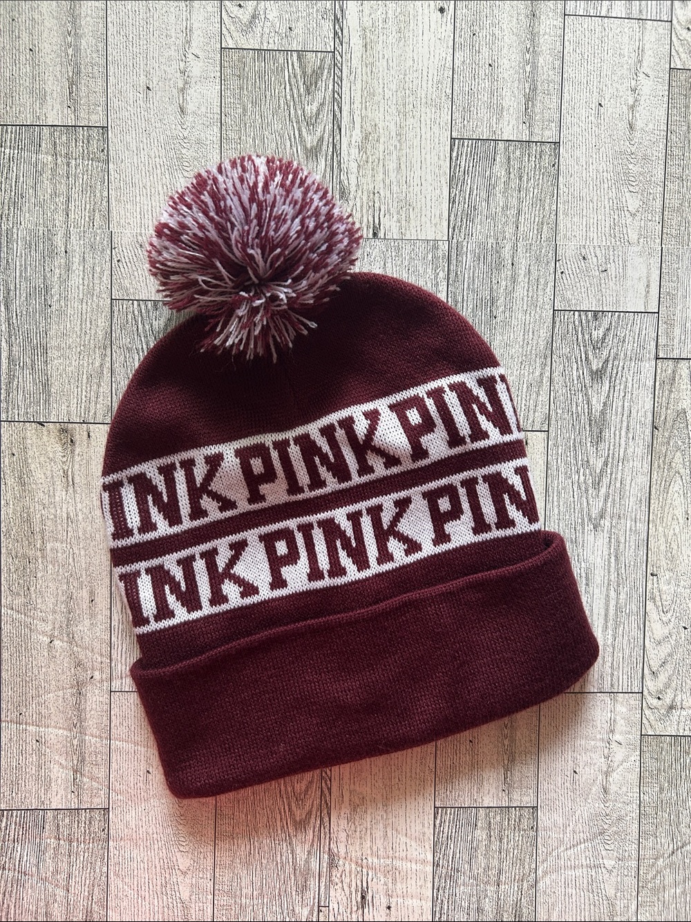 PINK Victoria's Secret Maroon and White Logo Pom Beanie